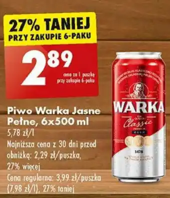 Biedronka Piwo Warka Jasne Pełne, 6x500 ml oferta