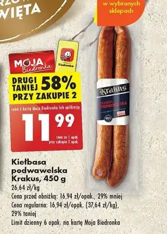 Biedronka Kiełbasa podwawelska Krakus, 450 g oferta