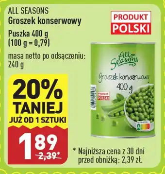 ALDI ALL SEASONS Groszek konserwowy 400 g oferta