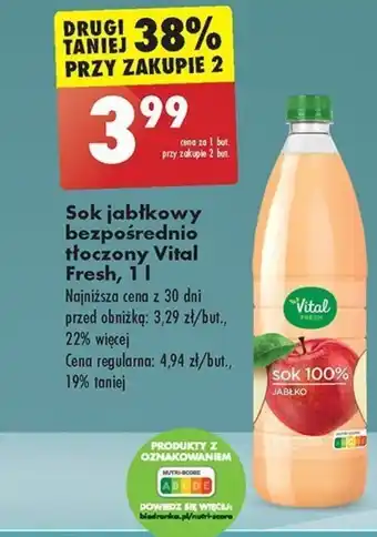 Biedronka Sok jabłkowy bezpośrednio tłoczony Vital Fresh, 1 l oferta
