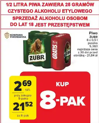 Carrefour Piwo ŻUBR 8 x 0,5 l oferta