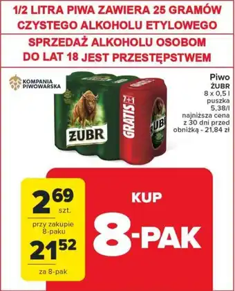 Carrefour Market Piwo ŻUBR 8 x 0,5 l oferta