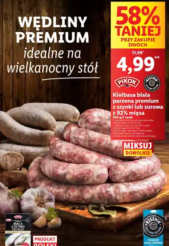 Lidl Kiełbasa biała parzona premium z szynki lub surowa z 92% mięsa 500 g oferta