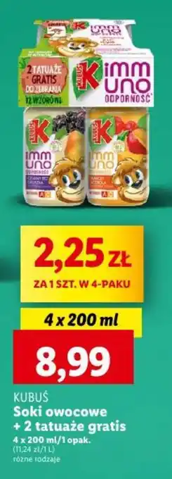 Lidl KUBUŚ Soki owocowe + 2 tatuaże gratis 4 x 200 ml oferta
