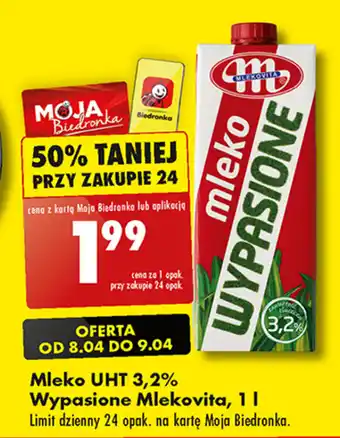 Biedronka Mleko UHT 3,2% Wypasione Mlekovita, 1 l oferta