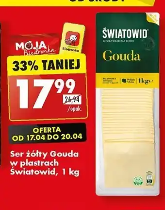 Biedronka Ser żółty Gouda w plastrach Światowid, 1 kg oferta