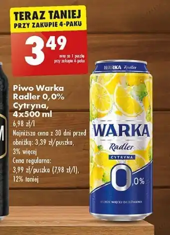 Biedronka Piwo Warka Radler 0,0% Cytryna, 4x500 ml oferta