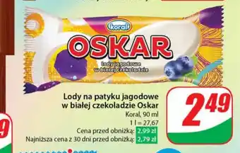 Dino Lody na patyku jagodowe w białej czekoladzie Oskar Koral 90 ml oferta