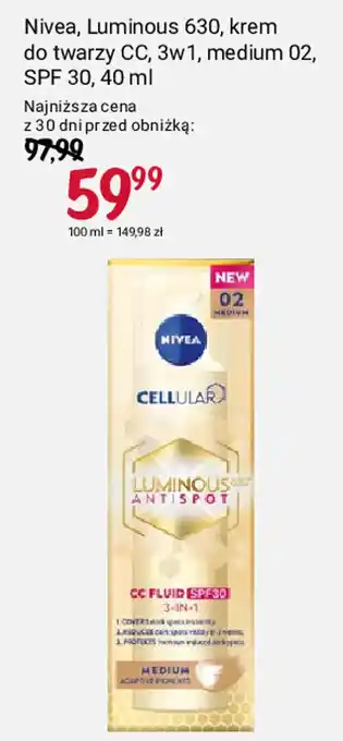 Rossmann Nivea, Luminous 630, krem do twarzy CC, 3w1, medium 02, SPF 30, 40 ml oferta