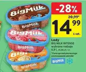 Intermarche Big Milk Intense Lody smak czekoladowy z sosem czekoladowym i kawałkami czekolady 900 ml oferta