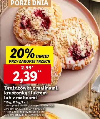 Lidl Drożdżówka z malinami kruszonką i lukrem lub z malinami 110-120g oferta