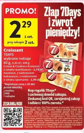 Intermarche Croissant z kremem o smaku waniliowym mlekiem i kawałkami ciastek 7 Days Cream & Cookies oferta