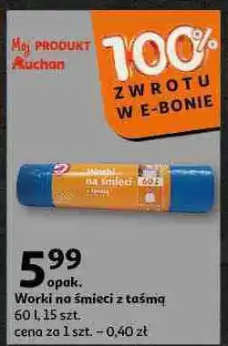 Auchan Worki na śmieci z taśmą 60 l Auchan oferta