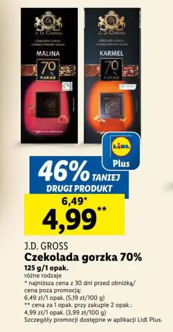 Lidl J.D. GROSS Czekolada gorzka 70% 125 g oferta