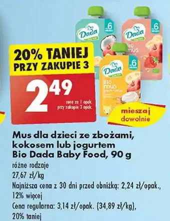 Biedronka Bio mus + zboża jabłko banan truskawka Dada Baby Fresh oferta