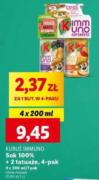 Lidl KUBUŚ IMMUNO Sok 100% + 2 tatuaże 4x200ml oferta
