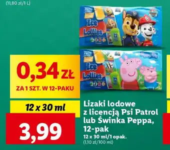Lidl Lizaki lodowe z licencją Psi Patrol lub Świnka Peppa 12x30ml oferta