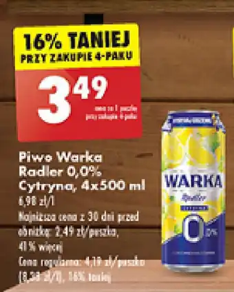 Biedronka Piwo Warka Radler 0,0% Cytryna, 500 ml oferta