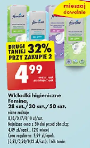 Biedronka Wkładki higieniczne Femina 28 szt. / 30 szt. / 50 szt. oferta