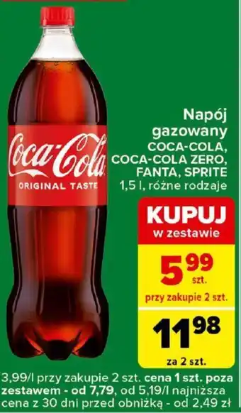 Carrefour Napój gazowany COCA-COLA COCA-COLA ZERO FANTA SPRITE 1,5 I oferta