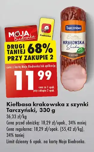 Biedronka Kiełbasa krakowska sucha z szynki Tarczyński oferta