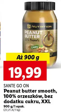 Lidl SANTE GO ON Peanut butter smooth 100% orzeszków bez dodatku cukru 900g oferta