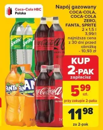 Carrefour Napój gazowany COCA-COLA, COCA-COLA ZERO, FANTA, SPRITE 2 x 1,5 l oferta