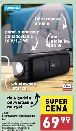 ALDI Głośnik solarny z funckją latarki led Medion oferta