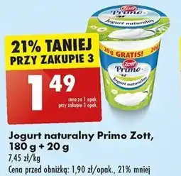 Biedronka Jogurt naturalny Primo Zott, 180 g + 20 g oferta