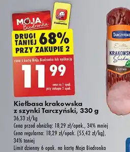 Biedronka Kiełbasa krakowska sucha z szynki Tarczyński oferta