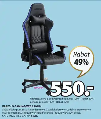 JYSK KRZESŁO GAMINGOWE RANUM 70x126-136x70 cm oferta