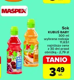Carrefour Sok + woda jabłko wiśnia czerwone winogrono Kubuś baby oferta