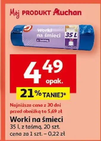 Auchan Worki na śmieci z taśmą 35 l Auchan oferta