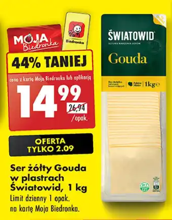 Biedronka Ser żółty Gouda w plastrach Światowid, 1 kg oferta