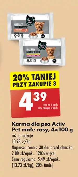 Biedronka Karma dla psa kawałki w sosie małe rasy 2x z kurczakiem i warzywami + wołowiną Activ Pet oferta