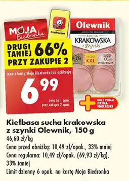 Biedronka Kiełbasa krakowska sucha z szynki Olewnik oferta