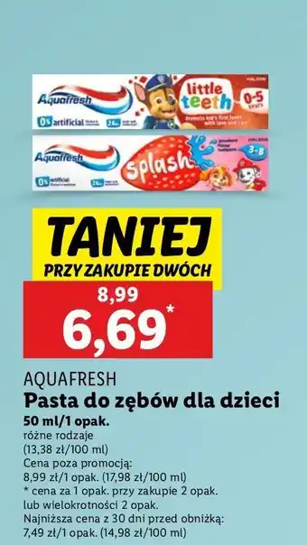 Lidl Pasta do zębow truskawkowa 3-8 lat Aquafresh Splash oferta