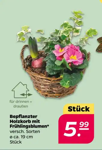 Netto Bepflanzter Holzkorb mit Frühlingsblumen oferta