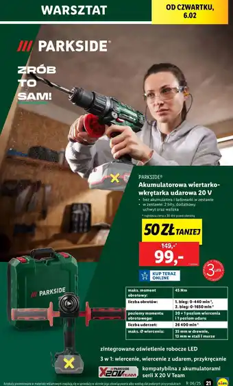 Lidl Wiertarko-wkrętarka akumulatorowa z udarem 20 v Parkside oferta