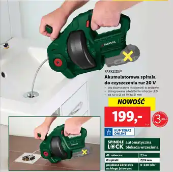 Lidl PARKSIDE Akumulatorowa spirala do czyszczenia rur 20 V oferta