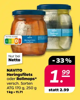 Netto NAVITO Heringsfilets oder Rollmops oferta