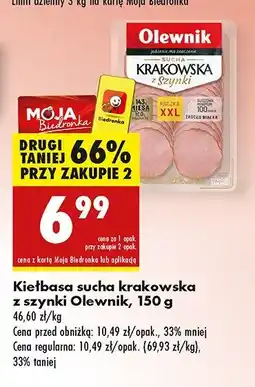 Biedronka Kiełbasa krakowska sucha z szynki Olewnik oferta