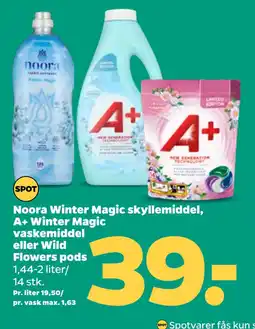 Netto Noora Winter Magic skyllemiddel, A+ Winter Magic vaskemiddel eller Wild Flowers pods oferta