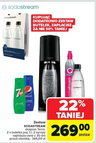 Carrefour Zestaw: urządzenie terra black + 2x butelki 1l 1 cylinder syrop pepsi 7up Sodastream oferta