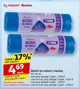 Auchan Worki na śmieci z taśmą 35 l Auchan oferta