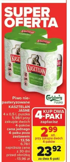 Carrefour Kasztelan Piwo jasne niepasteryzowane 4 x 500 ml oferta