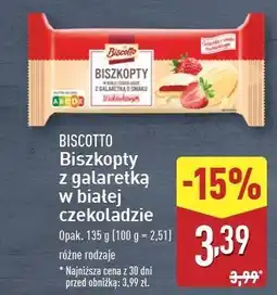 ALDI Biszkopty w białej czekoladzie z galaretką o smaku truskawkowym Biscotto oferta