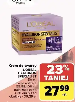 Carrefour Krem wypełniający pielęgnacja nawilżająca na dzień L'oreal Hyaluron Specialist oferta