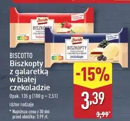 ALDI Biszkopty w białej czekoladzie z galaretką o smaku truskawkowym Biscotto oferta