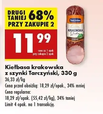 Biedronka Kiełbasa krakowska sucha z szynki Tarczyński oferta